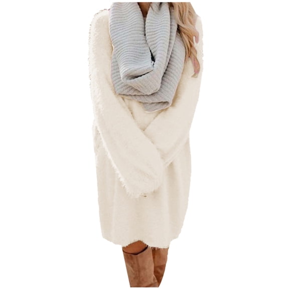 Womens Clothes 2026 ! asdoklhq Womens Plus Size Dresses Under $15 Women Winter Casual Solid Dress O-Neck Long Sleeve Dress