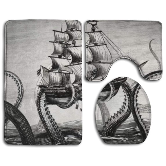 GOHAO Kraken Octopus 3 Piece Bathroom Rugs Set Bath Rug Contour Mat and Toilet Lid Cover