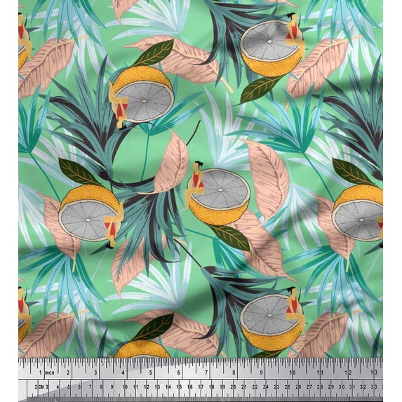 Soimoi Green Cotton Duck Fabric Tropical Leaves,Girl & Lemon Slice Vegetable Print Sewing Fabric Yard 42 Inch Wide