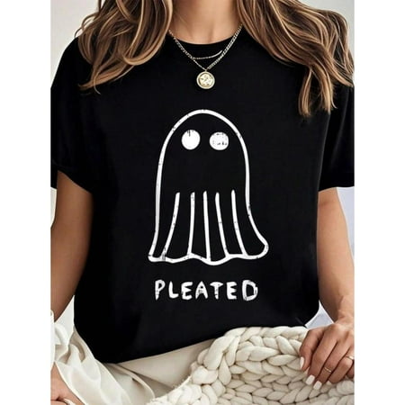 Halloween Pleated Ghost Tee Funny T Shirt Cotton Graphic Tees Costume Breathable Tops Black S-5XL