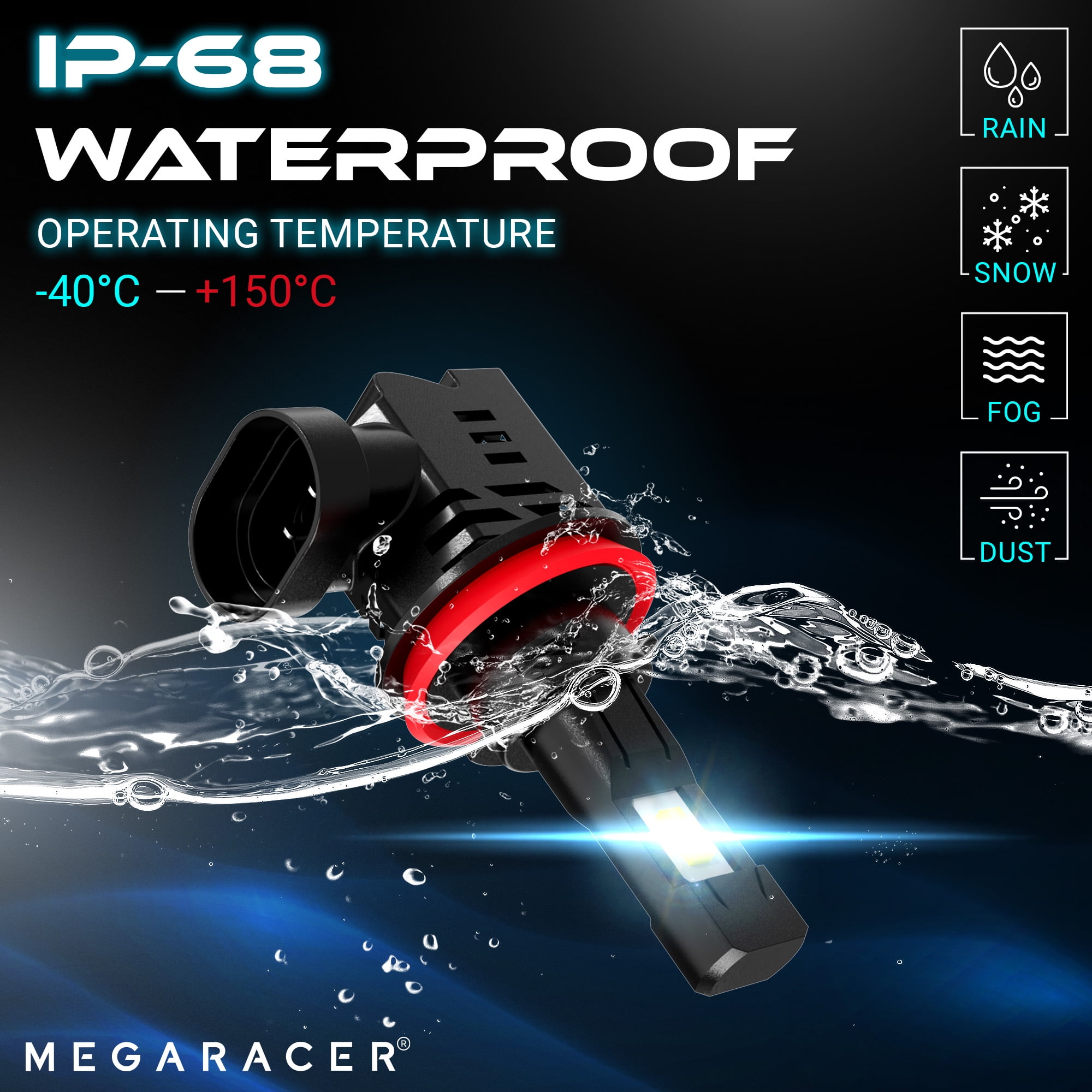 Mega Racer Wireless H11 H9 H8 H16 LED Headlight Bulb - 6500K Bright White 12V 50W 12000LM - Low Beam Replacement Car Bulbs
