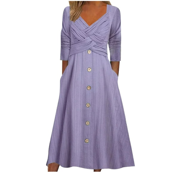 Mrat Womens Fall Dresses for Wedding Guest, Casual Plus Size Button Long Sleeve Knit Maxi Dress with Pockets S-34 Purple S