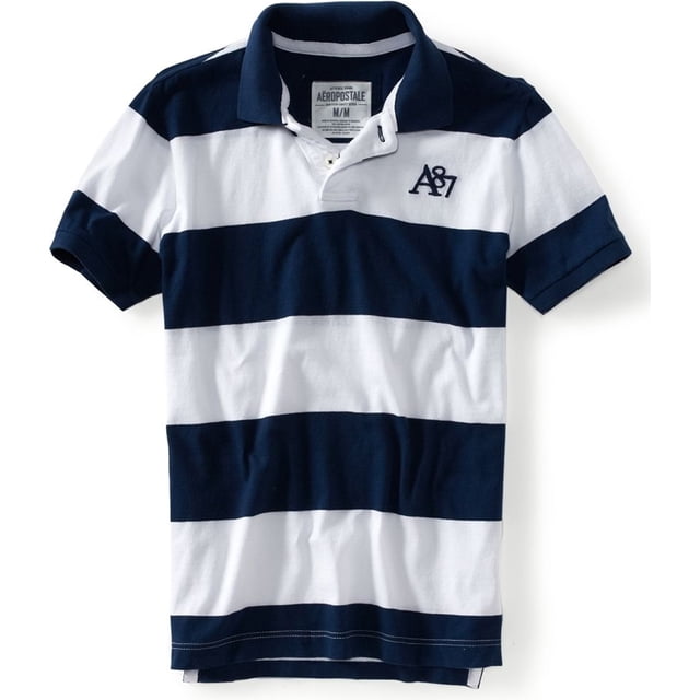 Polo de rugby Aeropostale para hombre con 2 botones a rayas, azul, pequeño