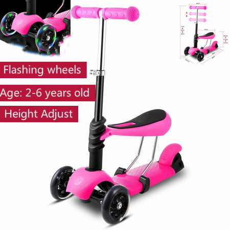 Christams Sale! 3-in-1 3 Wheels Mini Kick Scooter for Kids with Seat & Flashing Wheels，Toddler Scooters with Adjustable Handle T-Bar Birthday Gift for Baby Boys Girls Age 2 to