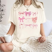 KimSoong Womens Bow Shirt Coquette Aesthetic T-Shirt Trendy Pink Bow Girly Tee Watercolor Pastel Bow Oversized Tops