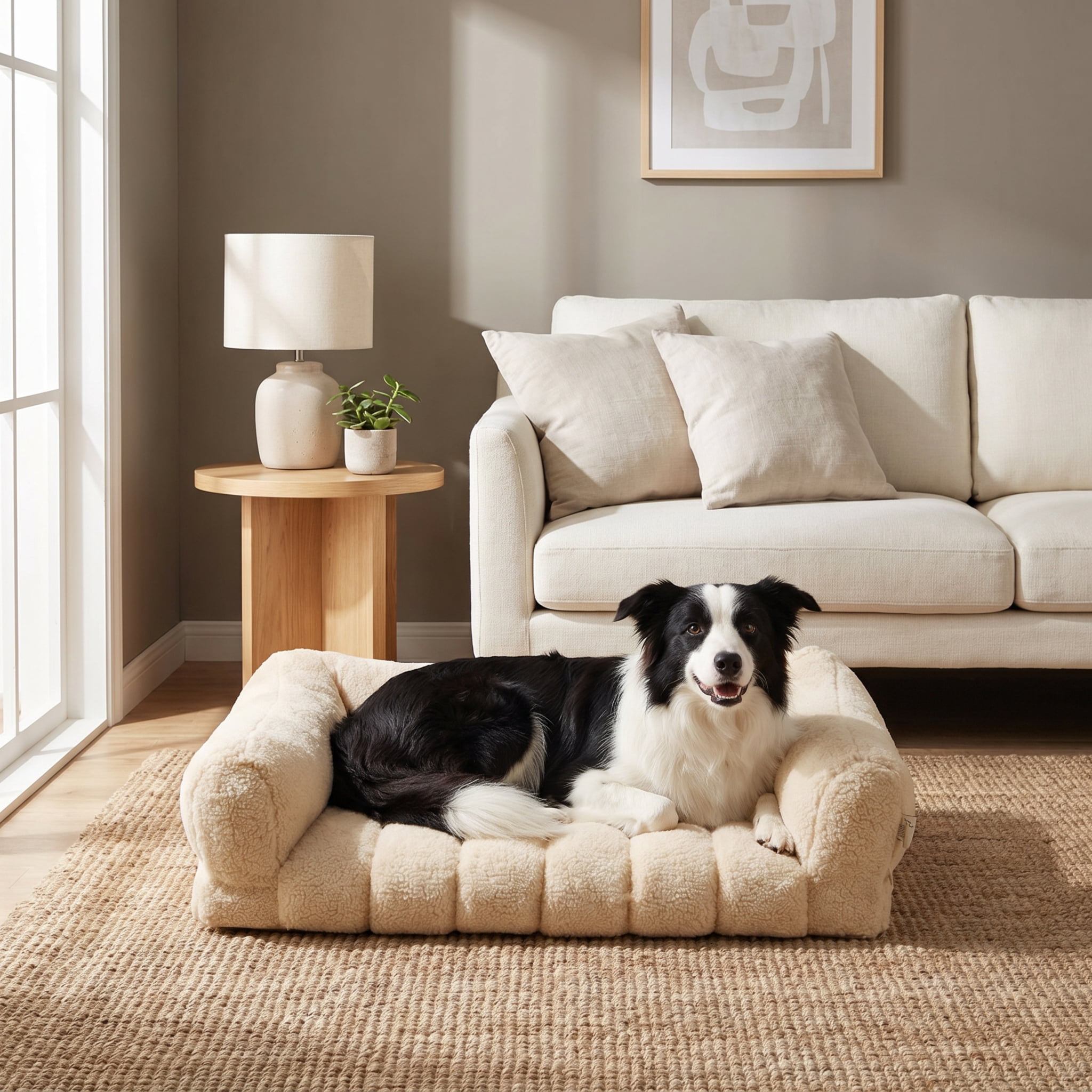 SportPet Designs Quilted Sherpa Sofa-Style Pet Bed Lounger, Tan, Large, 35 in x 25.5 in x 8 in