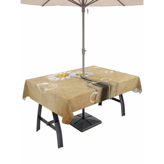 Outdoor Tablecloth with Umbrella Hole for Patio/Picnic/Party/Camping, White Daisy Waterproof Table Cloth Rectangle Table Cover Washable, Farmhouse Vintage Botanical Vase Flowers (60"x 120")