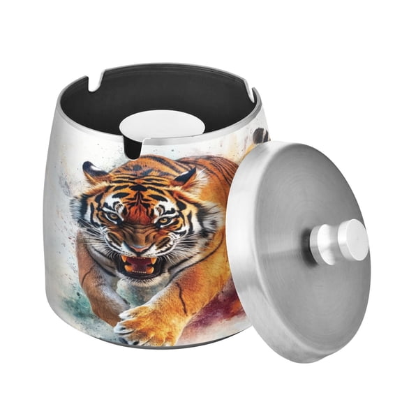 (9.3*9.3*9.7inch)Ashtray with Lid for Cigarette, Stainless Steel Smokeless Odorless Windproof Ashtrays, for Home Office Tabletop Outside Patio Outdoor Balcony A Tiger
