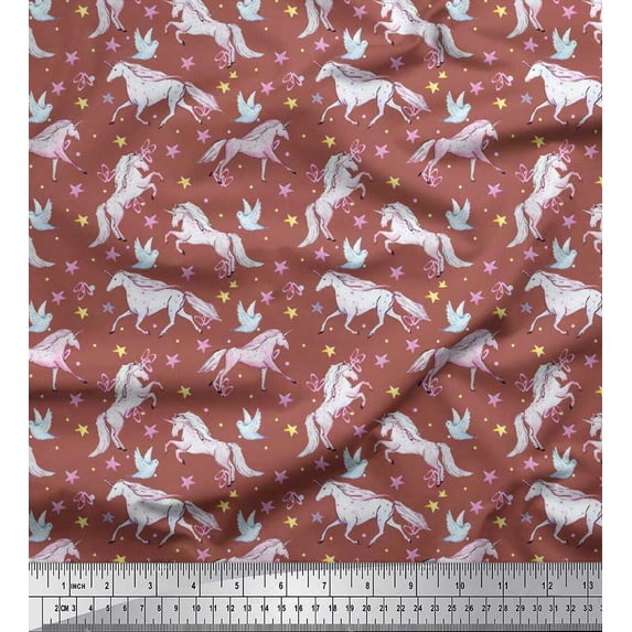 Soimoi Japan Crepe Satin Fabric Dot,Star & Unicorn Animal Printed Fabric 1 Yard 42 Inch Wide