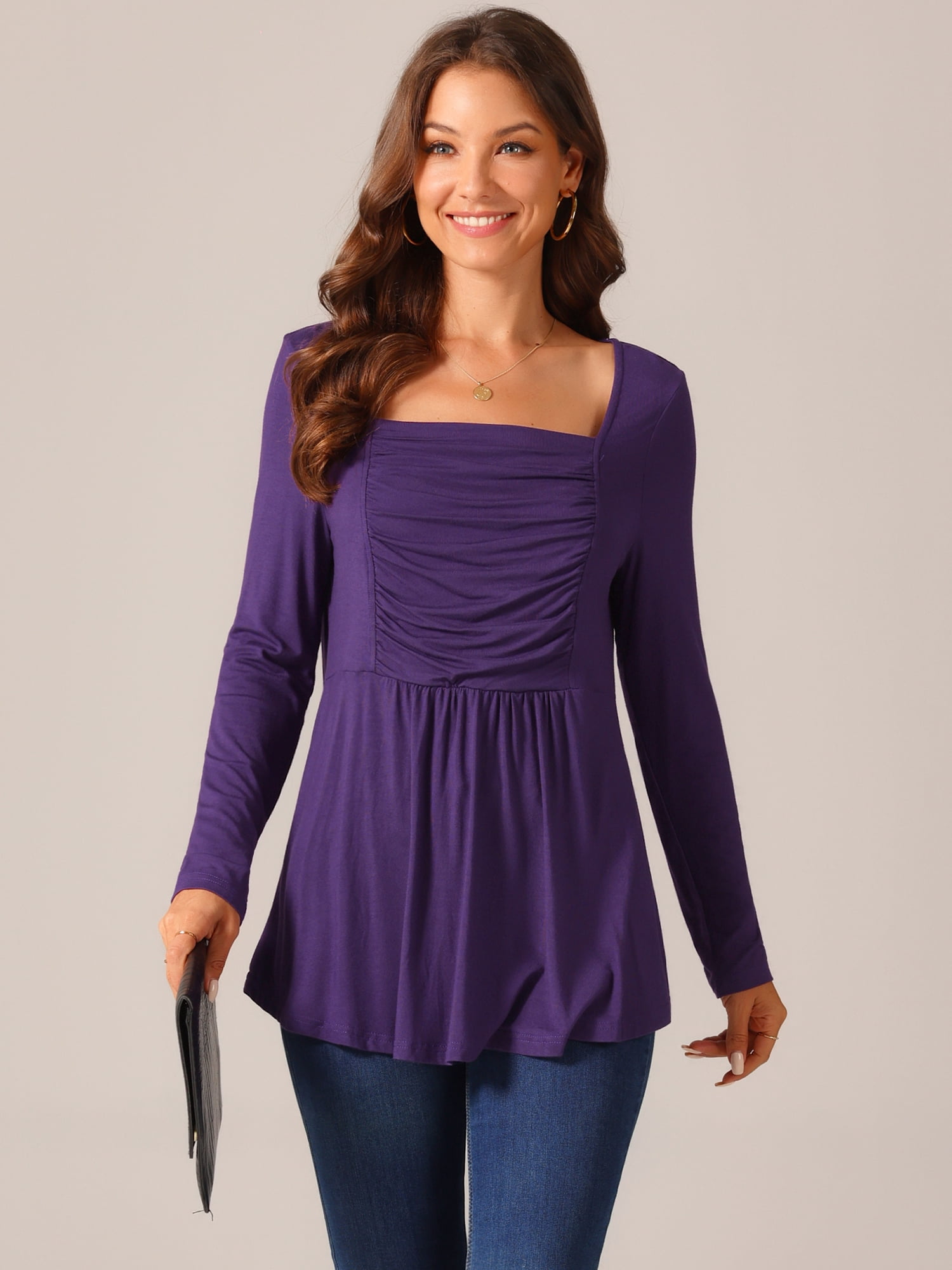 DARING DIVA Women's Long Sleeve Pleated Blouse Square Neck Babydoll Tops S Purple