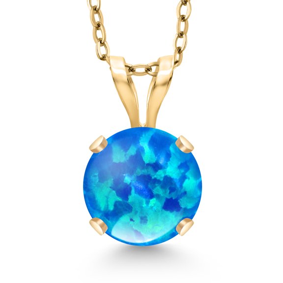 Gem Stone King 14K Yellow Gold Simulated Blue Opal Pendant Necklace for Women | 0.30 Cttw | Gemstone October Birthstone | Round Cabochon 6MM | With 18 inch Silver Chain