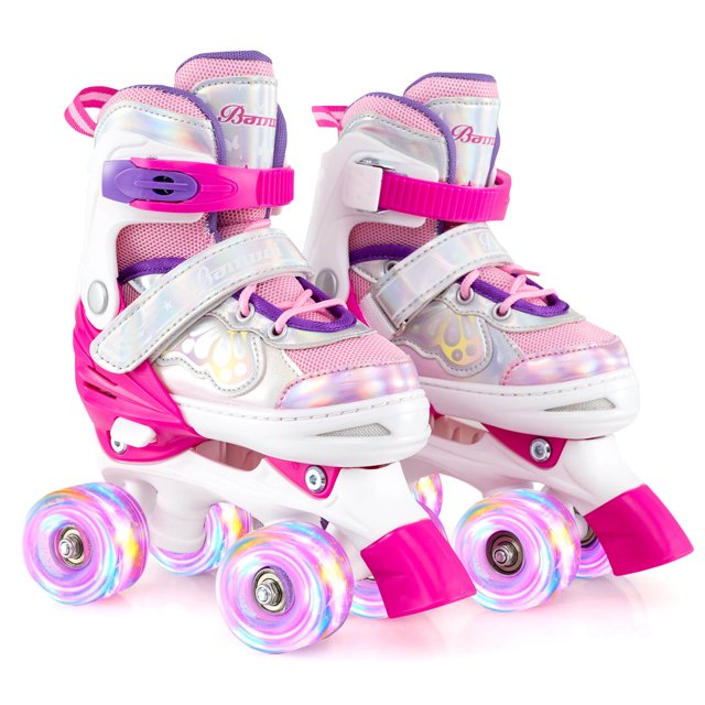 Costway Kids Roller Skates 4 Sizes Adjustable Quad Skates with Light-up Wheels for Ages 5-8 Rose Red