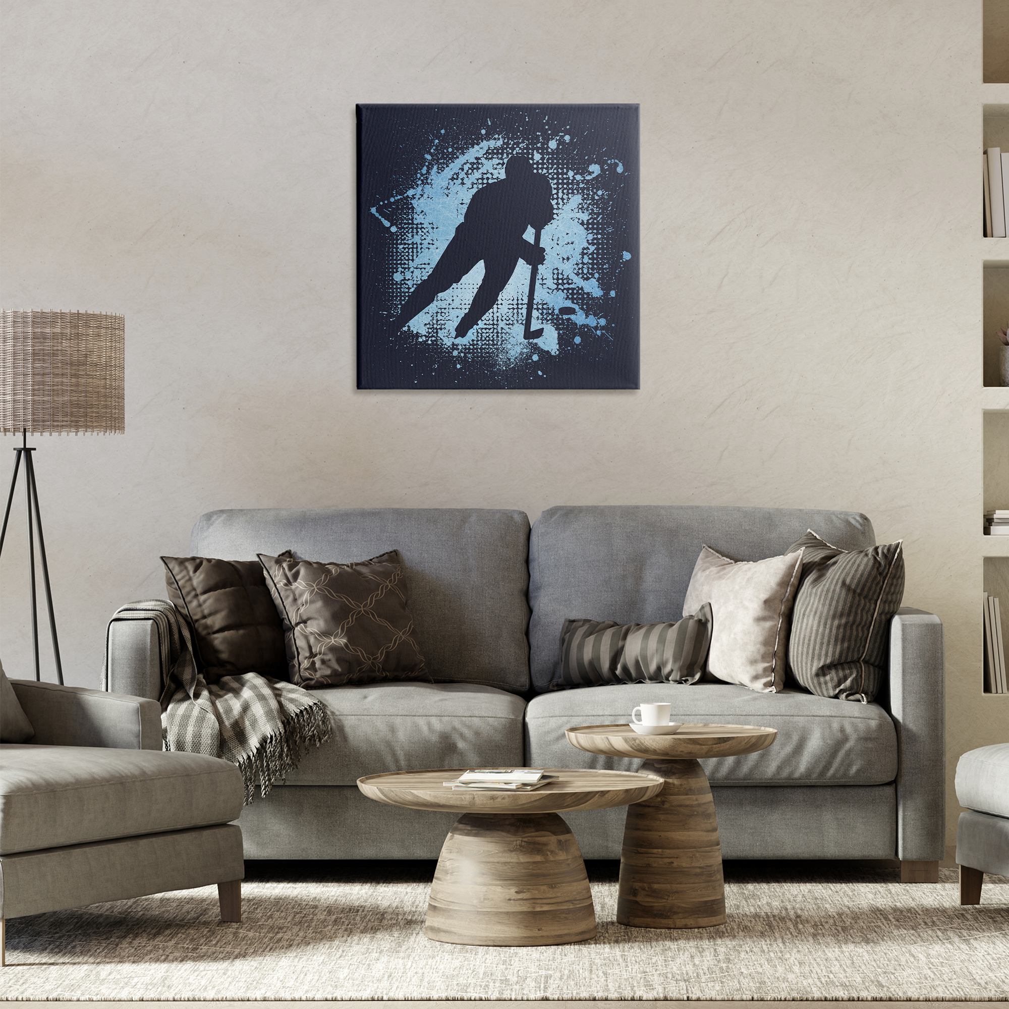 Stupell Industries Hockey Stance Blue Splash Sports Painting Gallery Wrapped Canvas Art Print Wall Art, 24 x 24