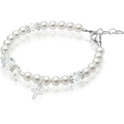 Baby Crystals Elegant Sterling Silver Cross Charm Baptism Bracelet - Baptism Gifts for Girl with White Simulated Pearls and European Crystals, Girls Jewelry, Bracelets for Girls