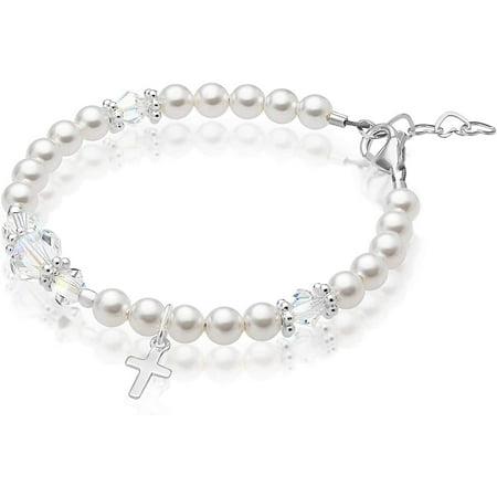 Baby Crystals Elegant Sterling Silver Cross Charm Baptism Bracelet - Baptism Gifts for Girl with White Simulated Pearls and European Crystals, Girls Jewelry, Bracelets for Girls