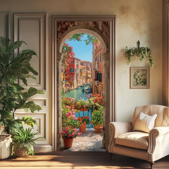 2 Sheets Italian Water Town Self-Adhesive Door Sticker 80cmx200cm/31.5x78.7inch Vintage Italian House Town Door Murals Stickers PVC Removable Wallpaper Decoration for Bedrooms ​Living Room Colorful