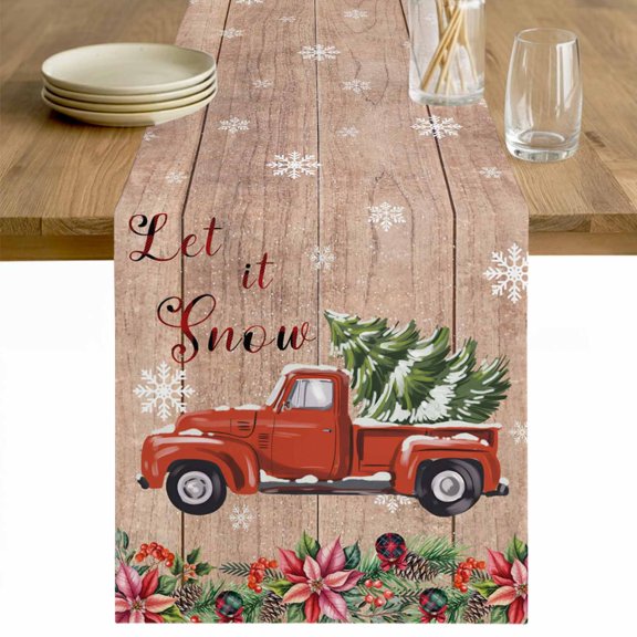 Red Christmas Table Runner 72 Inches Long Farmhouse Dress Scarves, Truck Xmas Tree Snowflake Winter Wooden Dining Tablerunner for Coffee Table/Kitchen Island/Party Décor, 13" x 72"