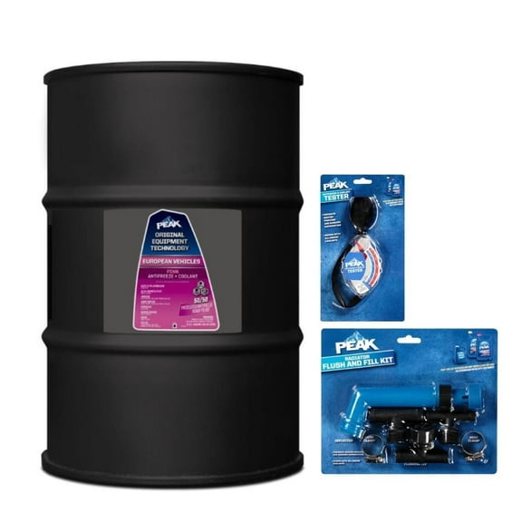 PEAK OET European Antifreeze/Coolant, 50/50 Prediluted Pink OAT, 400,000 Miles/15 Years for Car, SUV & Trucks, 55-gal Drum, PEAK Accessories Included