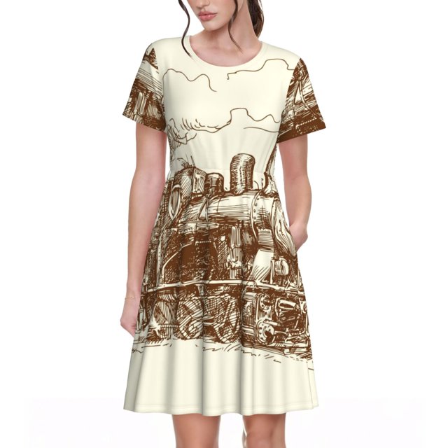 Easygdp Train para Vestido Transpirable de Mujer, Vestido Suelto de Manga Corta con Pliegues y Bolsillos para el Verano