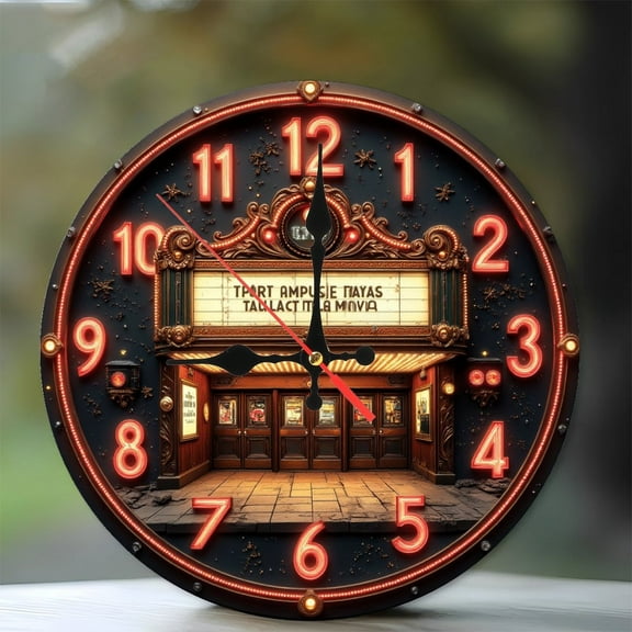 Vintage Neon Clock Movie Theater Wall Decor 10-Inch Silent Wooden Wall Clock, Battery Operated (AA Batteries Not Included), Artistic Home Decor