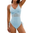 thumbnail image 1 of Wyzesi Casual Women Solid Color Mesh Drawstring Swimsuit High-Leg Swimwears Blue L, 1 of 9