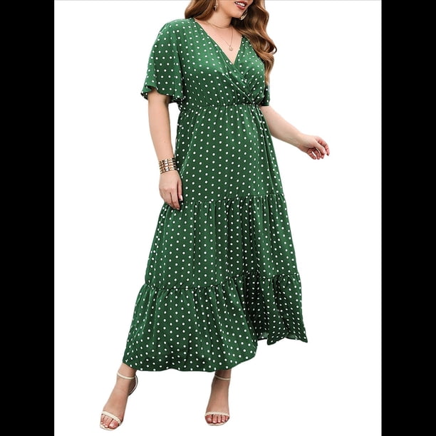 Vestido Informal de Lunares para Mujer, Talla Grande, de Verano, Corta, Cuello en V, Holgado, Escalonado Verde XL