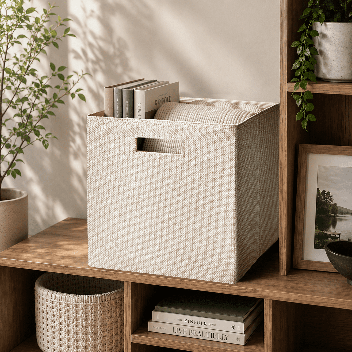 Better Homes & Gardens Fabric Cube Storage Bins, Toasted Almond Textured, 2 Pack, 12.75 in x 12.75 in x 15 in
