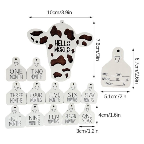 COFEST Home Decoration,14 PCS Wooden 3D Cow Themed Baby Monthly Markers Birth Announcement,Wooden Milestone Baby Announcement Monthly Sign,Mom Gift Ideas,Black,B