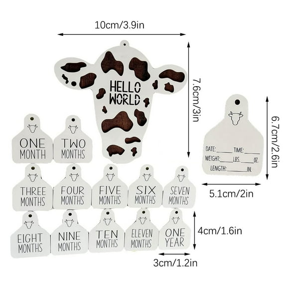Agiferg 14PCS Wooden 3D Cow Themed Baby Monthly Markers Birth Announcement (White)