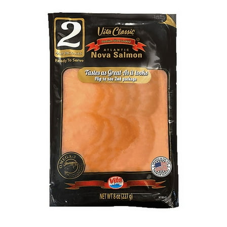 Vita Classic Sliced Smoked Nova Salmon, 8oz, 2-4oz packages, 1.3mg of Omega 3 fatty acids, 12g of Protein per 2oz serving size