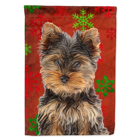 Red Snowflakes Holiday Christmas Yorkie Puppy / Yorkshire Terrier Flag Canvas House (Best Way To House Train A Yorkie Puppy)