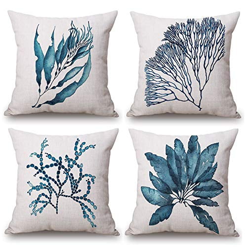 Handmade Couch Pillow Corals Sea Weeds Throw Pillow Cover Sea Mediterranean Art Silk Navy Blue Pillow Cases Vintage 16x16 Navy Corals