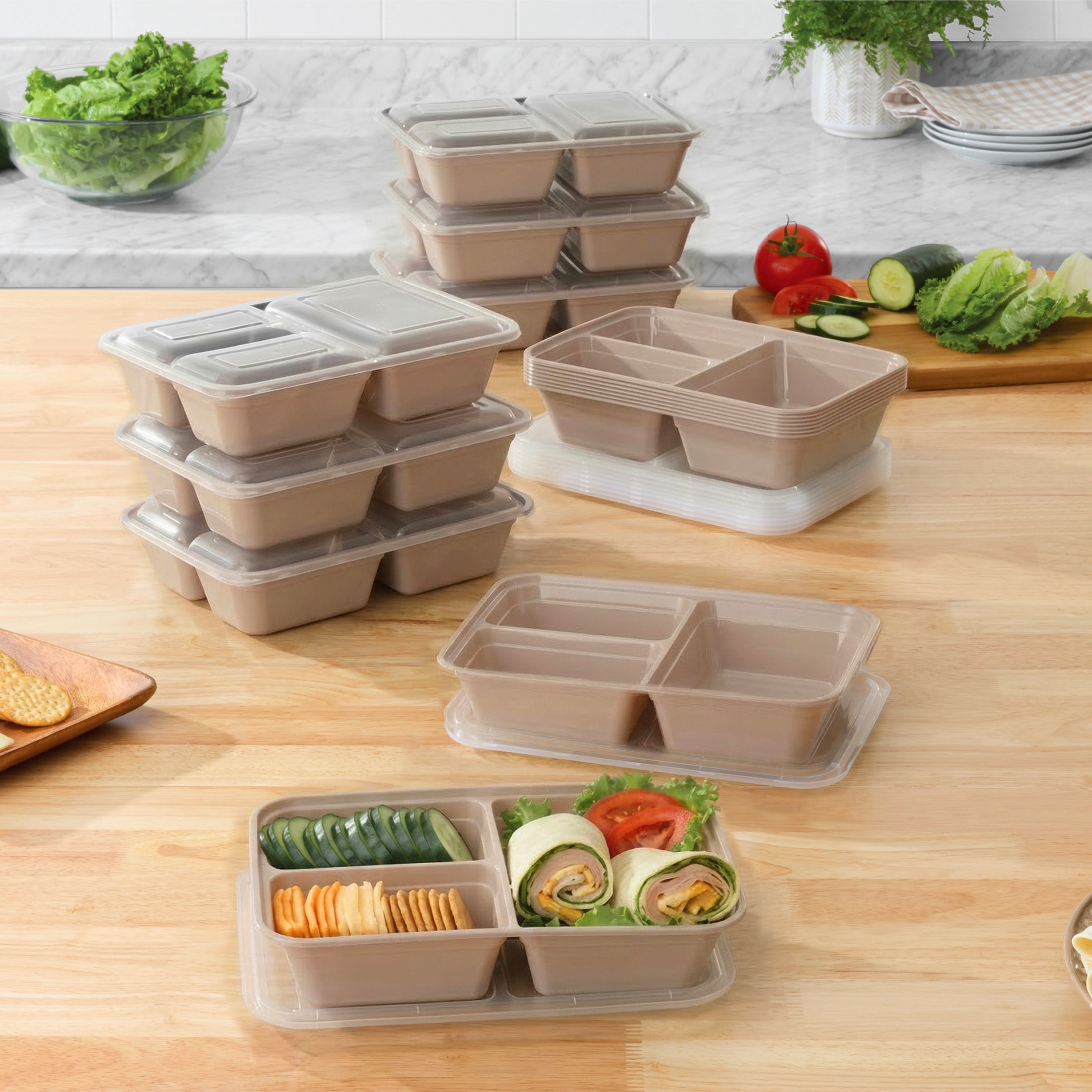 Mainstays 15-Pack 3-Compartment BPA-Free Plastic Meal Prep Food Storage Containers, 0.9L, Pink Blush