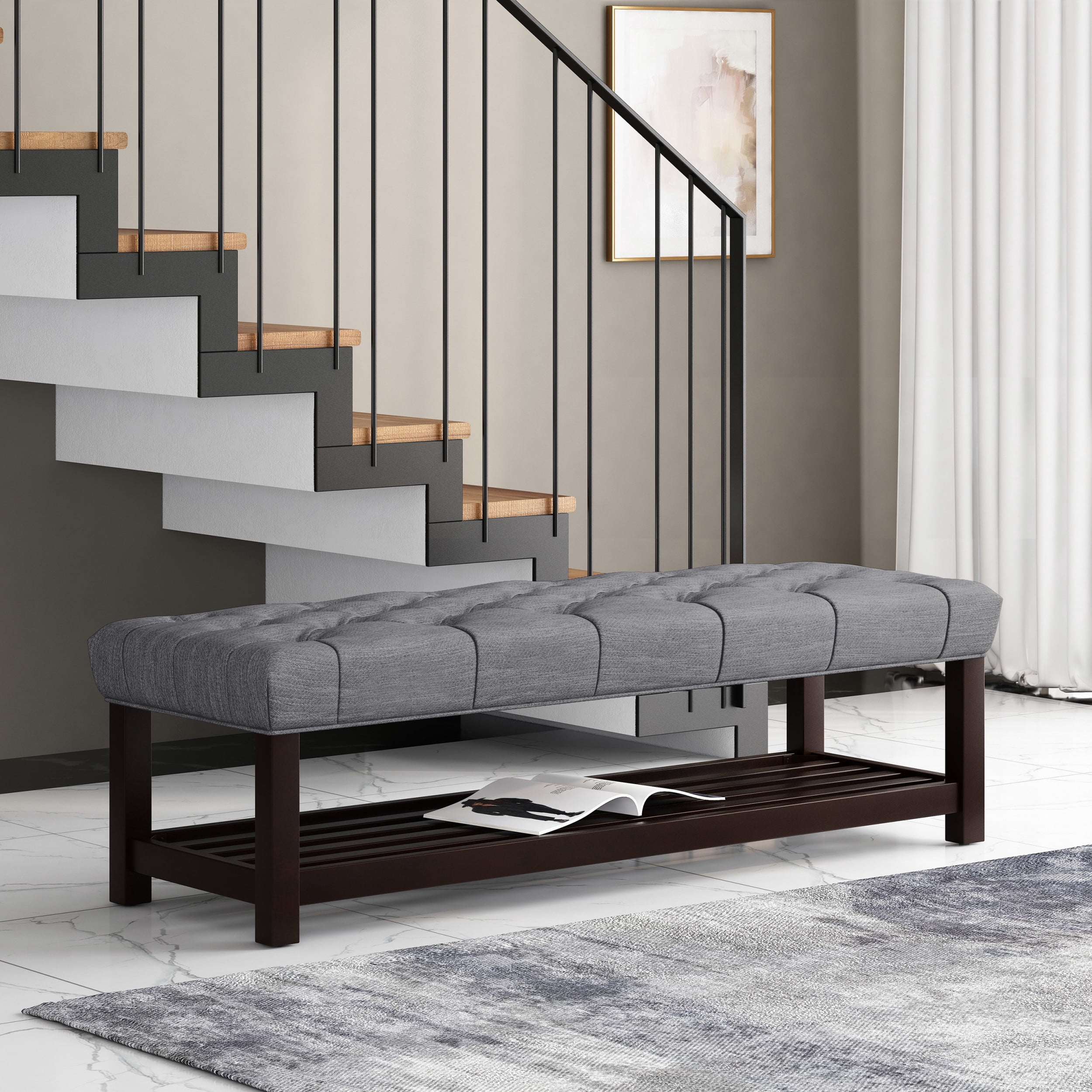 Bench Button Noble House Wichita Fabric Button Tufted Bench with Shelf, Gray and ...