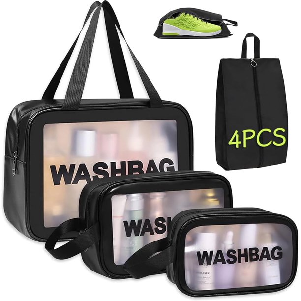4 Piezas Bolsa de Maquillaje de Viaje, Neceser de Aseo Impermeable para Mujer y Hombre, Cosmetiqueras Transparentes Portatil, Organizador de Cosmético para Artículos de Tocador Baño (Negro)