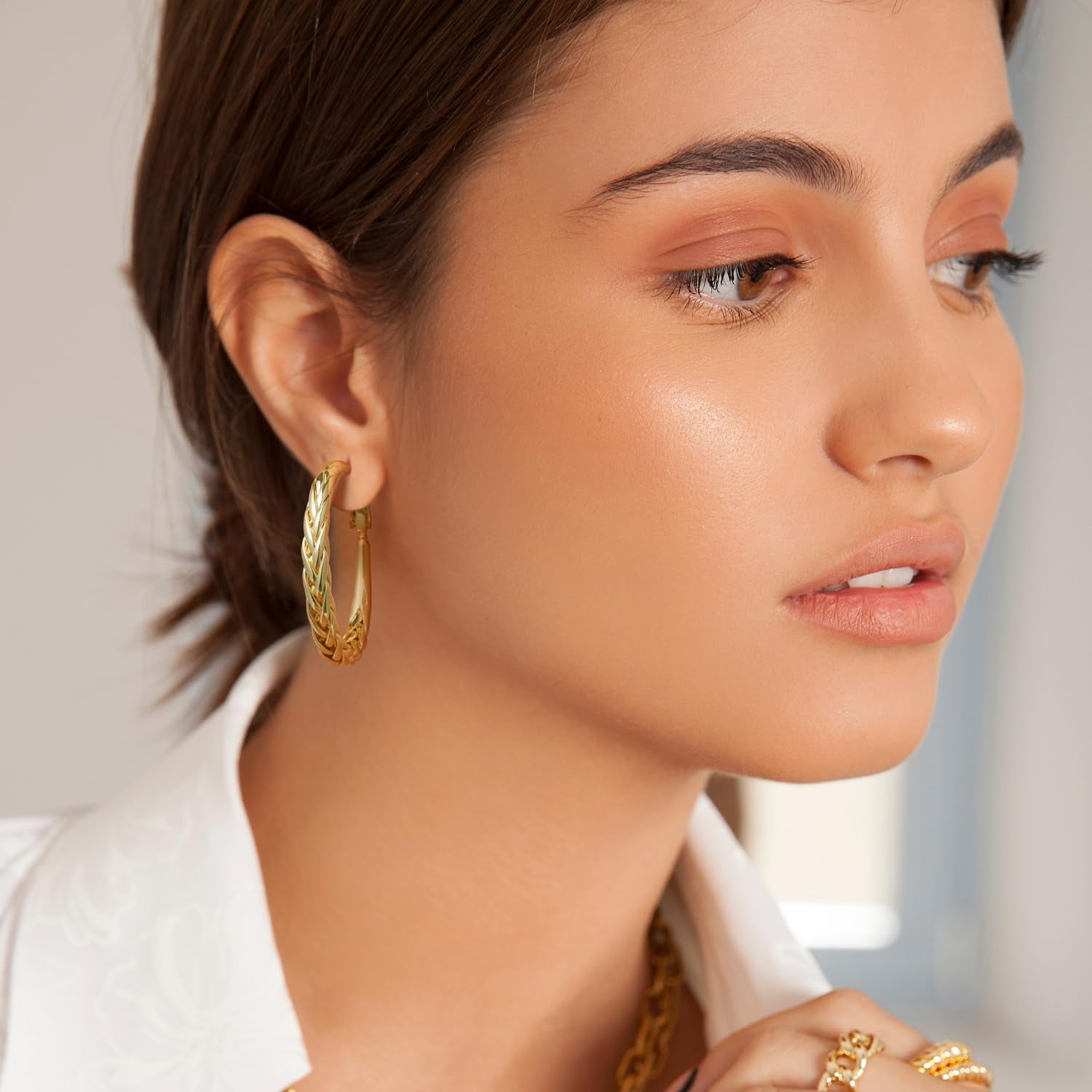 14K Gold Hoop Earrings for Women Large 35mm Intricate Weave Design 14K Gold Hoop Earrings Lightweight Gold Plated Earrings for Women Elegant Drop Hoops Secure Closure