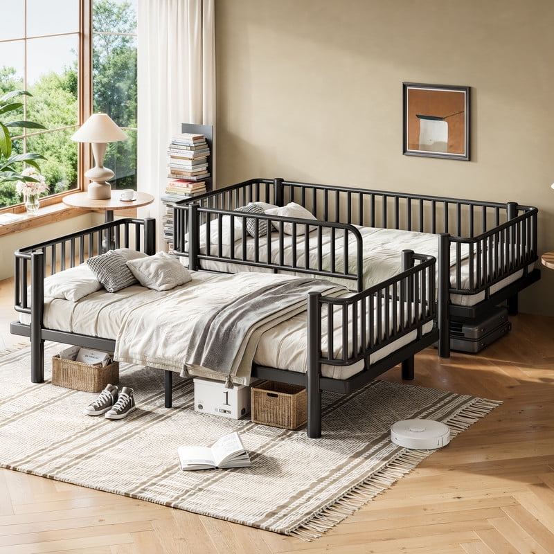 Twin-over-Twin Teens Bunk Bed Can Transformed into 2 Platform Beds, Metal Kids Bed Frame with Round-Pipe, Ladder & Guardrails
