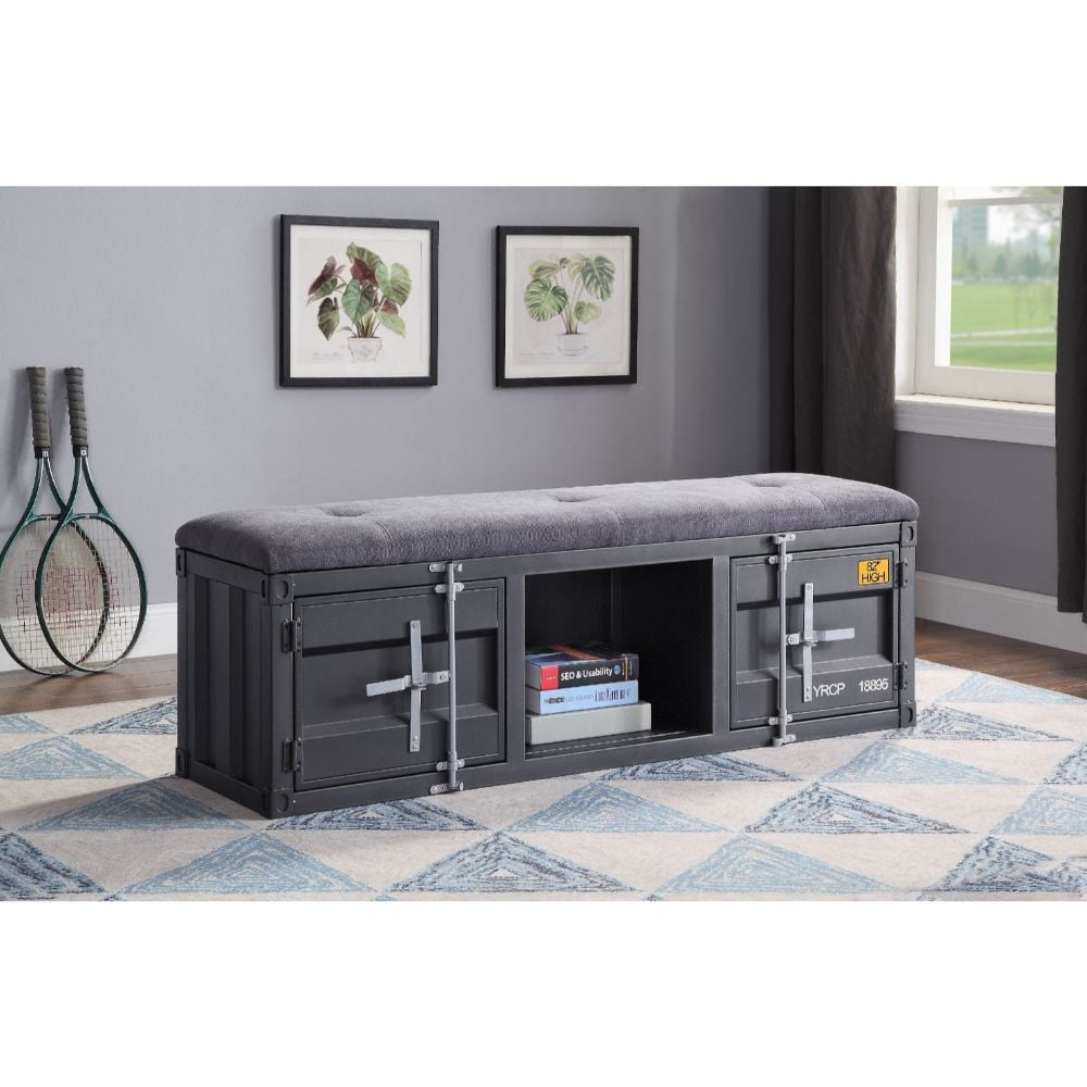 Contemporary Gray Fabric Cargo Storage Bench, 56" Gunmetal Accents