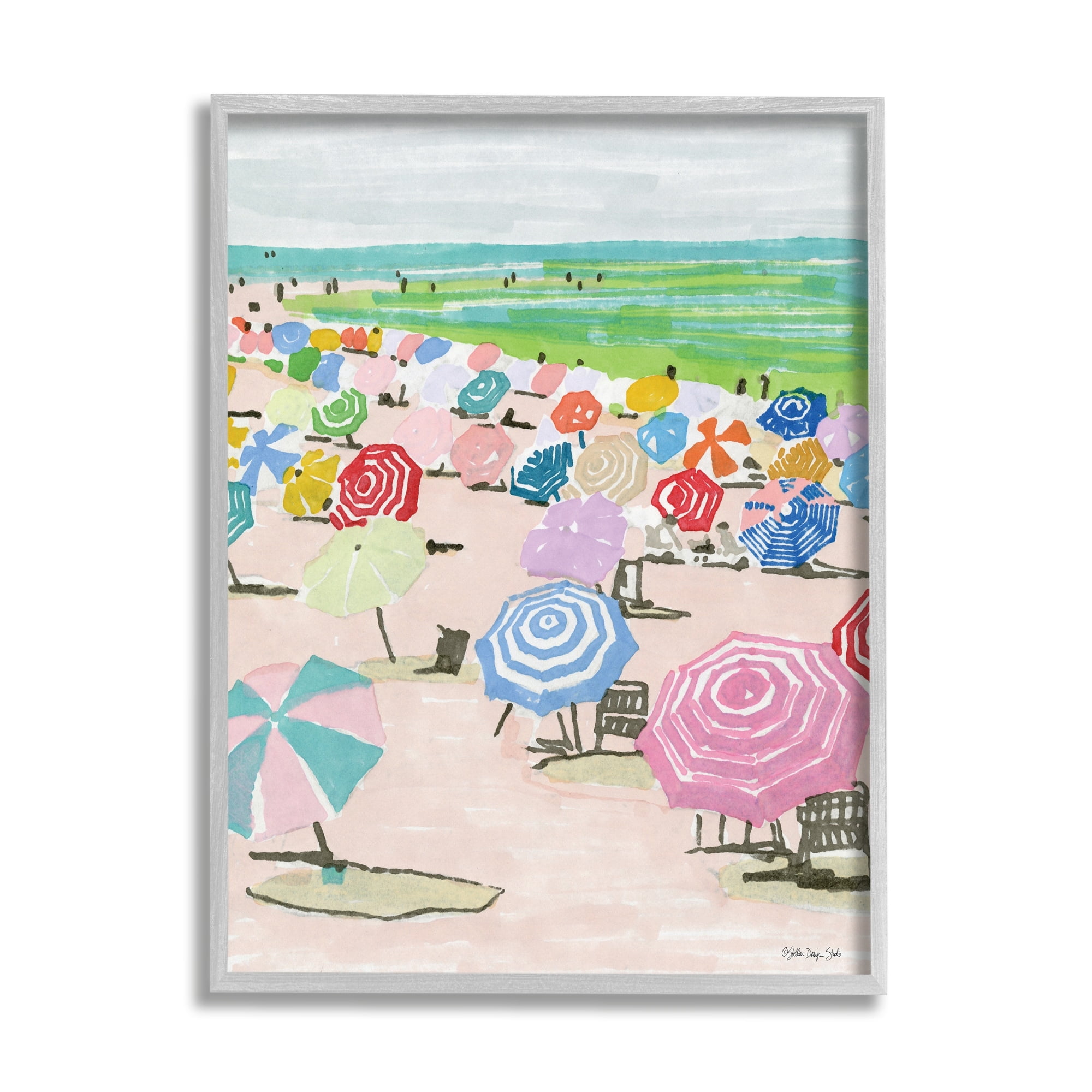 Stupell Industries Pastel Umbrella Filled Beach Watercolor Landscape Framed Wall Art Design by Stellar Design Studio, 11" x 14", Gray Framed