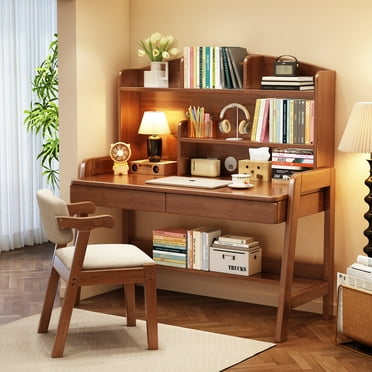 BALANBO Kids Study Desk and Chair Set, Solid Wood Writing Desk with Hutch and Drawer, Brown