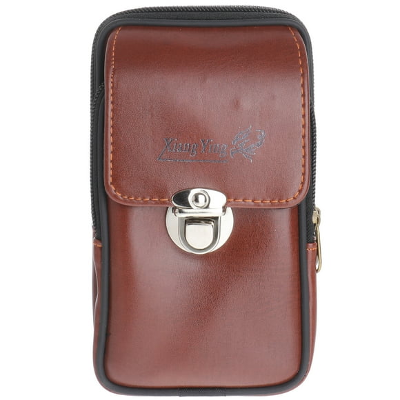 Riñonera de piel sintética marrón impermeable para hombre, doble capa, con cremallera, sección vertical, para teléfono