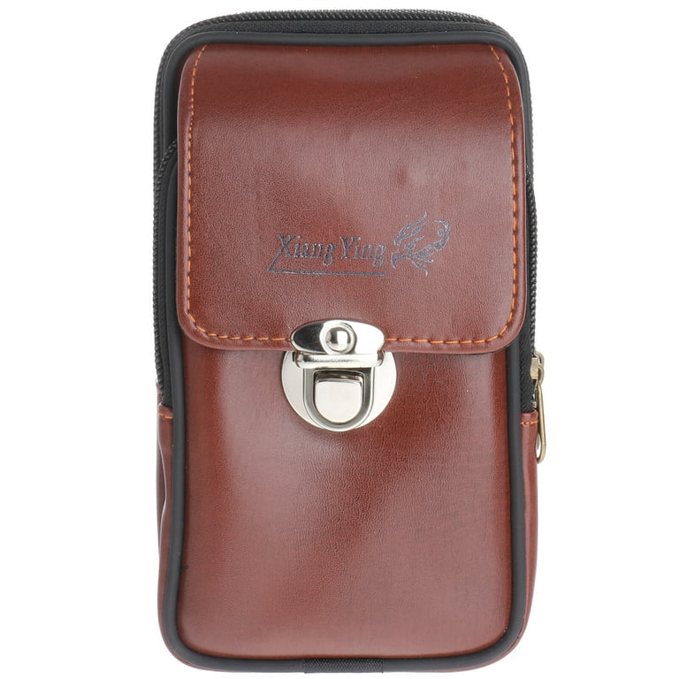 Waterproof Man PU Leather Brown Wallet Case Double Layer Zipper Fanny Pack Vertical Section Men Waist Belt Bag for Phone
