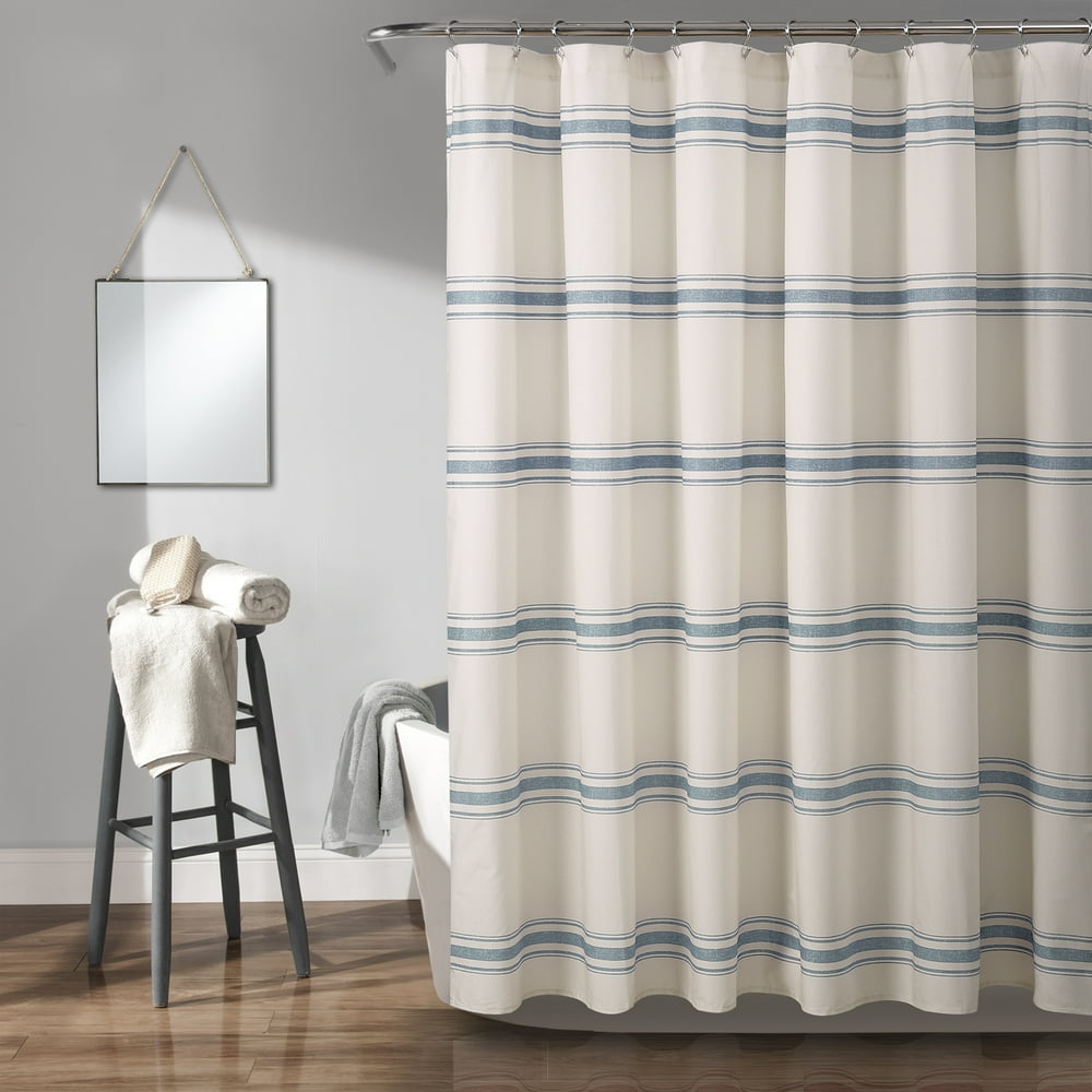 Lush Decor Farmhouse Stripe Cotton Shower Curtain, 72x72, Blue, Single