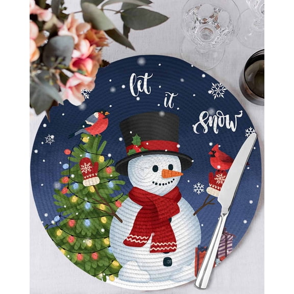 15 Inch Round Placemats Set of 4, Navy Blue Christmas Non Slip Heat Insulation PP Table Mats, Gifts Xmas Tree Snowman Snowflake Winter Washable Place Mats for Kitchen Dining Party Table Decor
