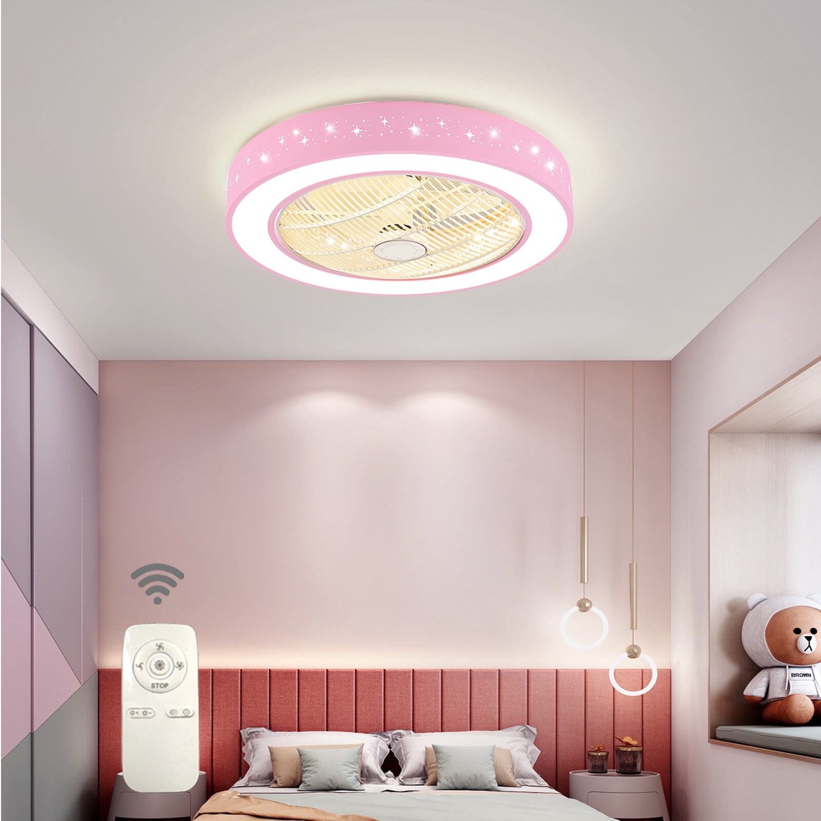TFCFL Pink Ceiling Fan with LED Light Modern Fan Lamp For Kids Girls Room Bed Room with Remote