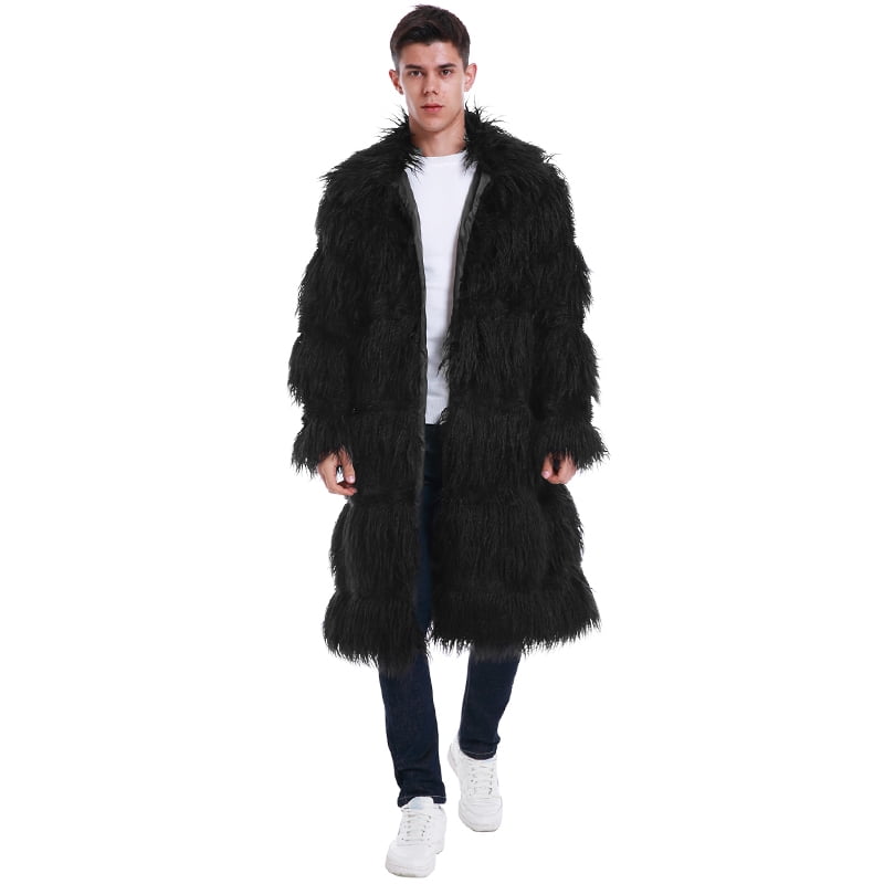 Men Jacket Fluffy Faux Fur Solid Color Turn Down Collar Long Sleeve ...