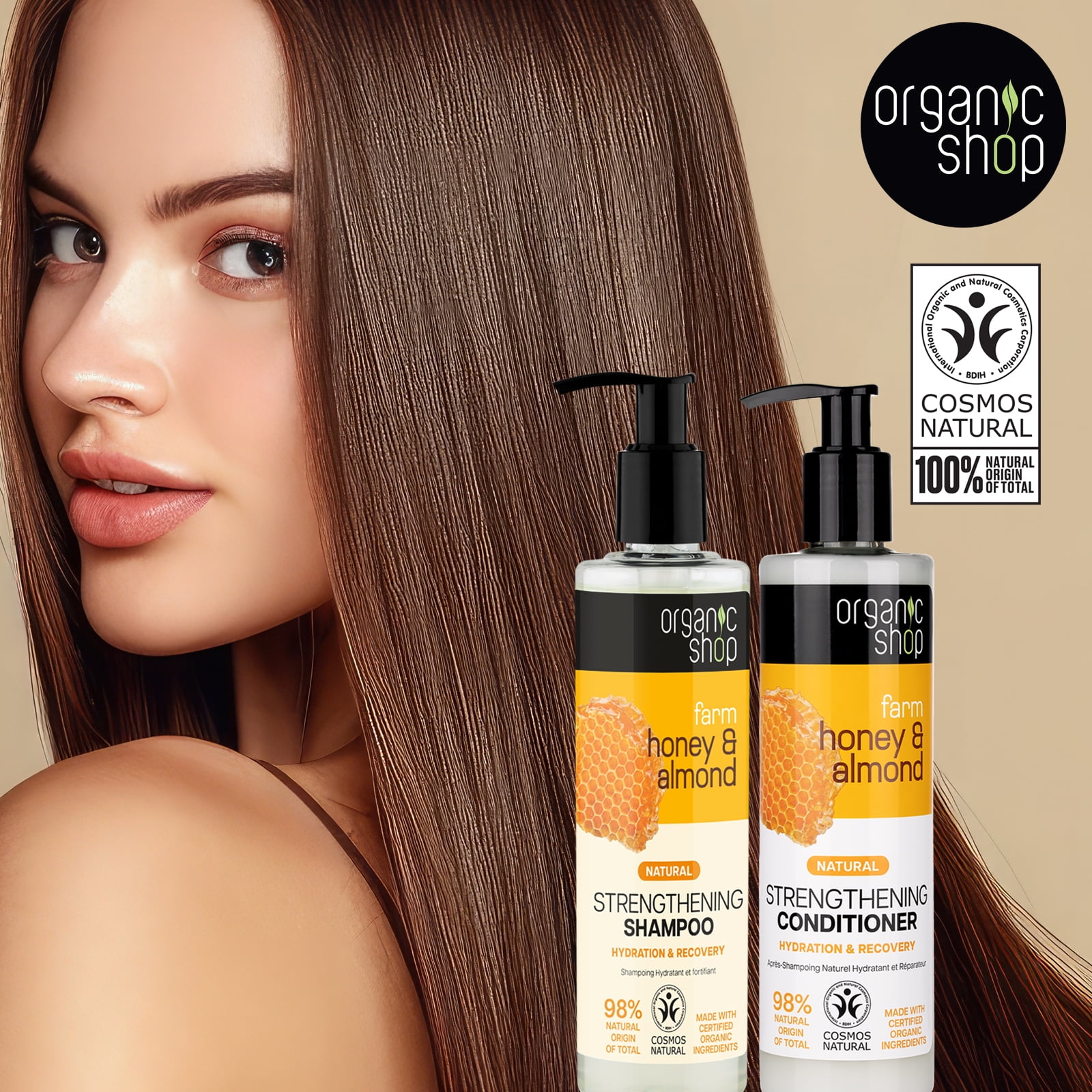 Organic Shop Raw Honey & Almond – High Strengthening Shampoo + Conditioner Deep Repairing - 100% Vegan & Organic, Rich In Vitamins & Minerals, Silky Hydration & Nourishing. 9.5 Fl Oz