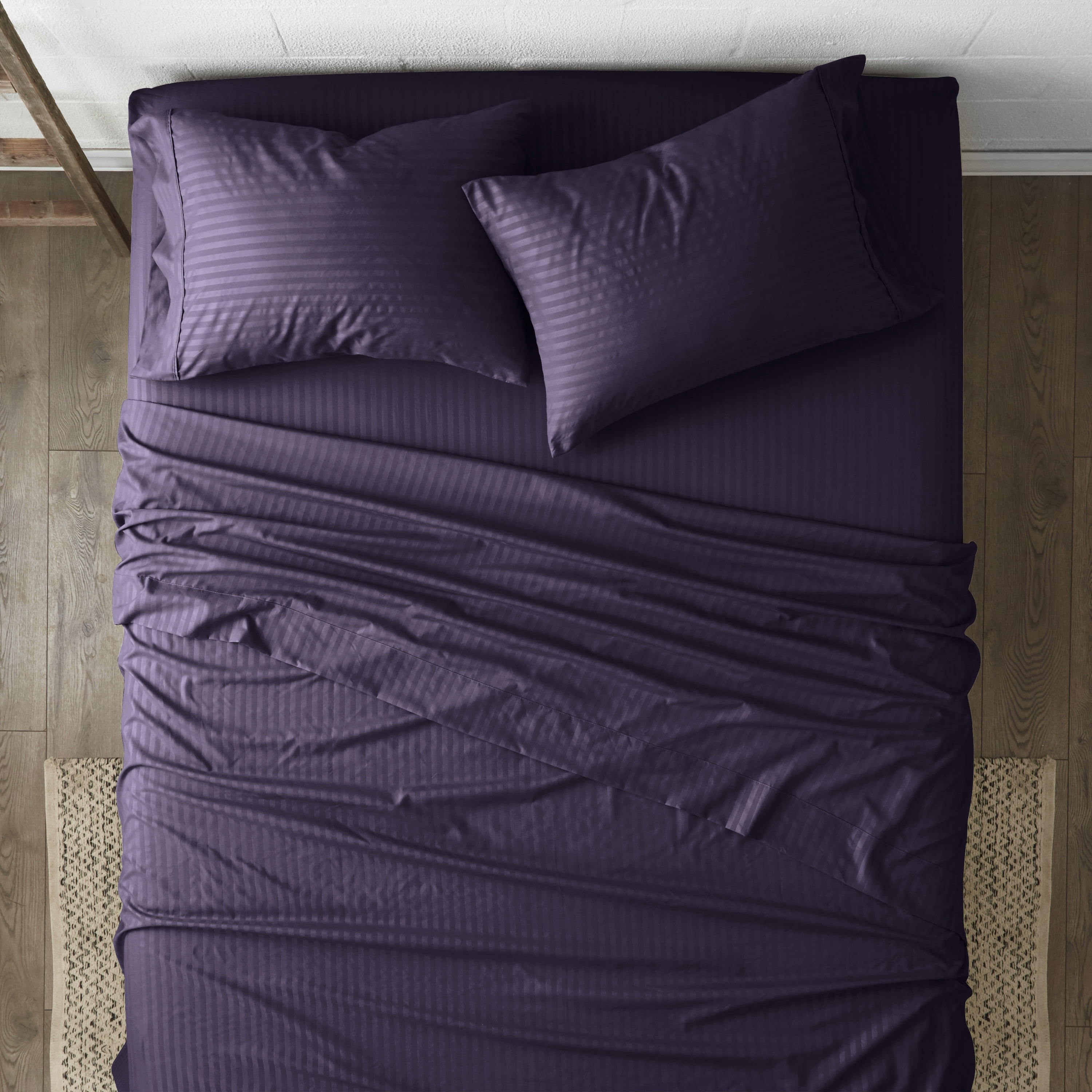 Noble Linens 4 Piece Purple Striped Embossed Bed Sheet Set, Queen