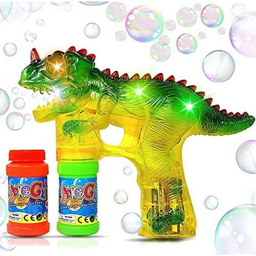 Haktoys Jurassic Dinosaur Bubble Gun Shooter Light Up Blower | Toy Bubble Blaster for Toddlers, Kids, Parties | LED Flashing Lights, Extra Refill Bottle, Sound-Free, Batteries Included