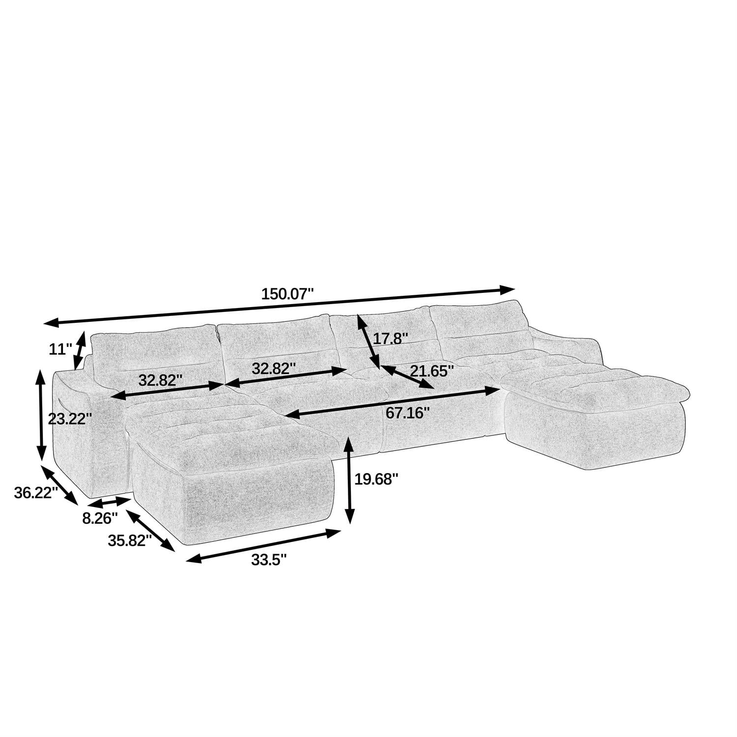 Demi Bonn 150" Modern L-Shaped Modular Sofa, Comfortable Beanbag Style, Stylish Lazy Couch for Living Rooms and Relaxation, Blue